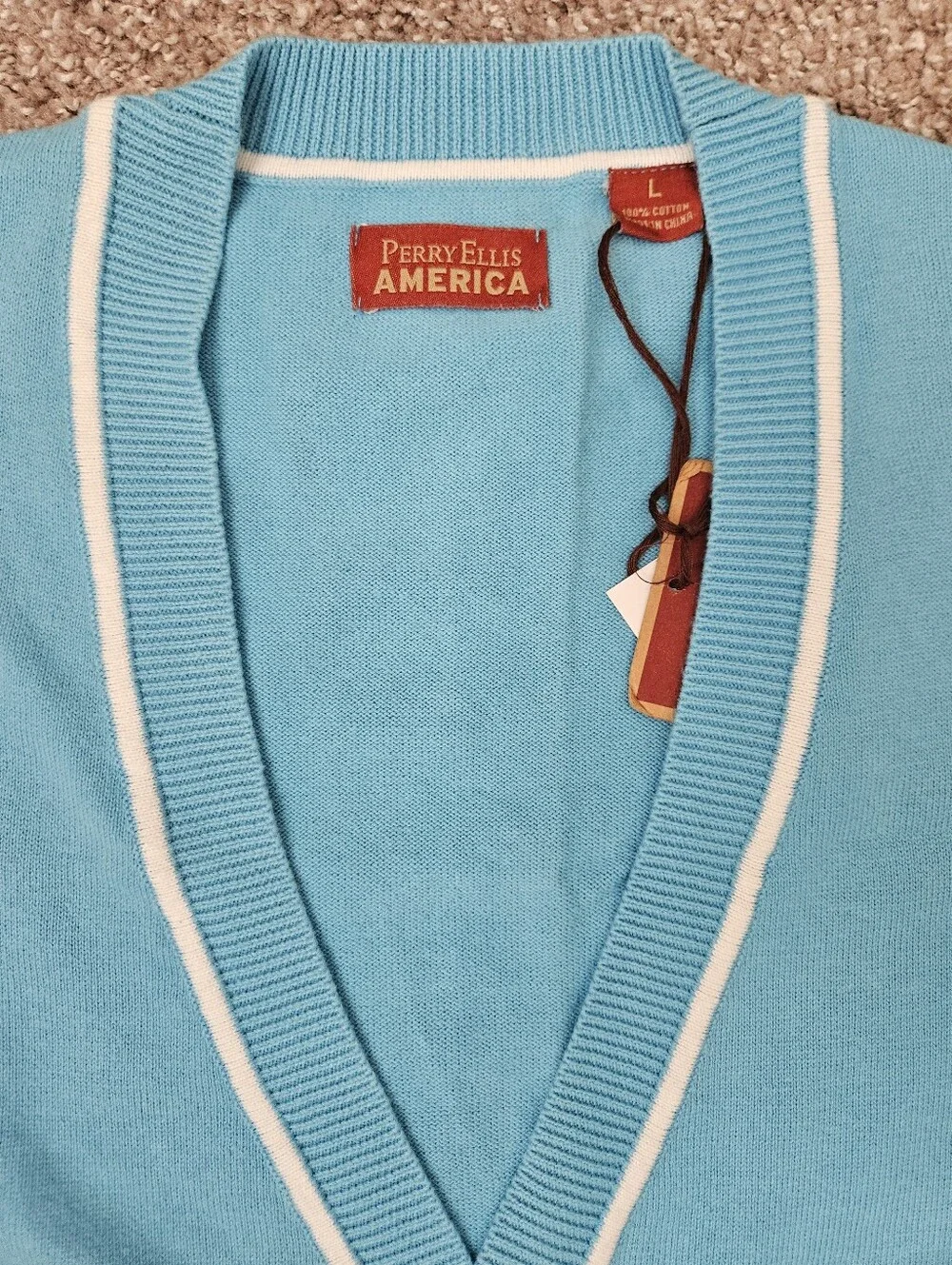 NWT PERRY ELLIS AMERICA Aqua White Trim Button Front Cotton Vest | SZ L